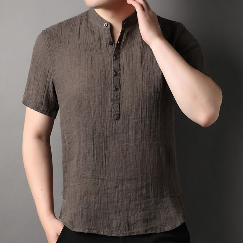 Buddha Stones Summer Casual Tang Style Mandarin Collar Solid Linen Men's Short Sleeve Shirts - image 13