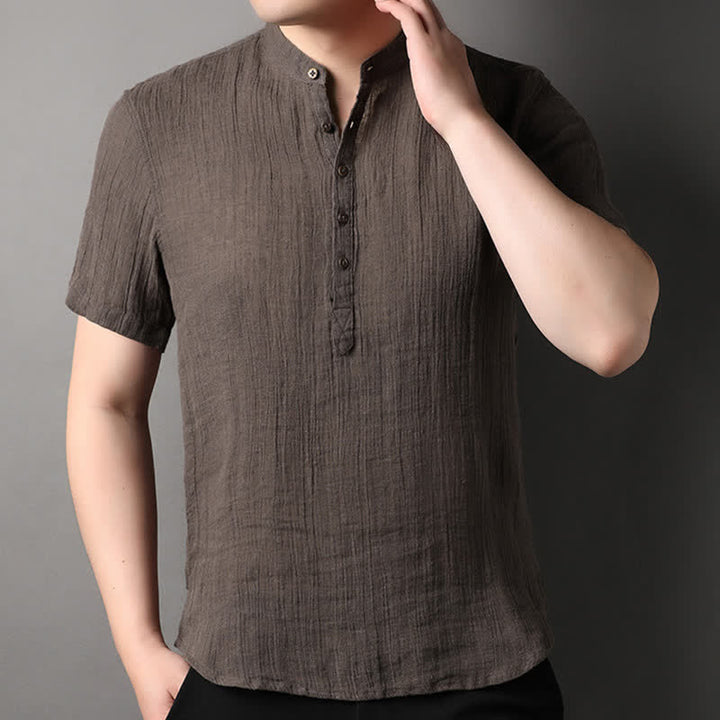 Buddha Stones Summer Casual Tang Style Mandarin Collar Solid Linen Men's Short Sleeve Shirts - image 13