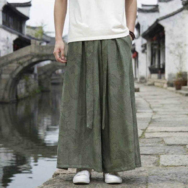 Buddha Stones Summer Casual Tang Style Drawstring Dragon Ankle Pants Men's Wide Leg Pants - image 1