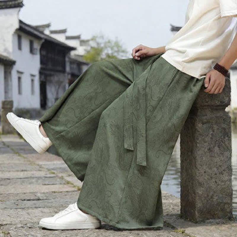 Buddha Stones Summer Casual Tang Style Drawstring Dragon Ankle Pants Men's Wide Leg Pants - image 8
