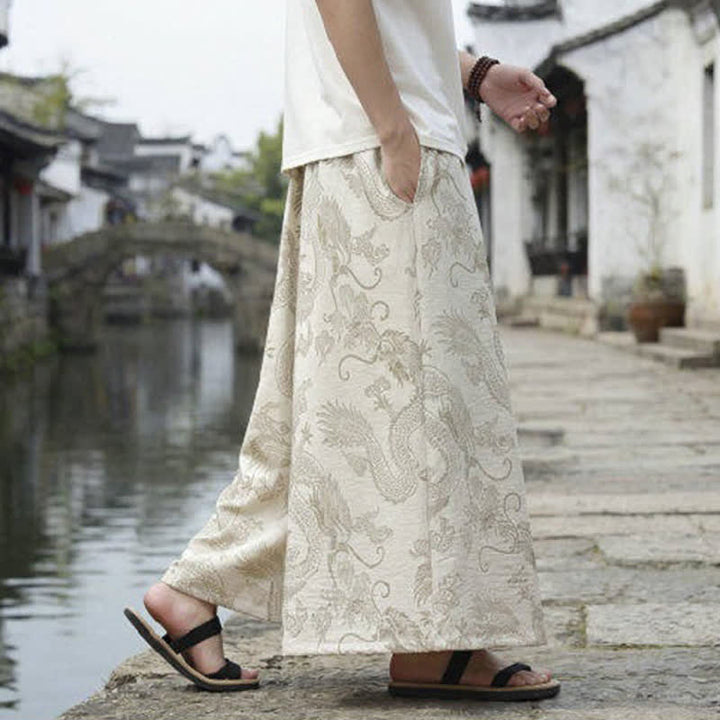 Buddha Stones Summer Casual Tang Style Drawstring Dragon Ankle Pants Men's Wide Leg Pants - image 41