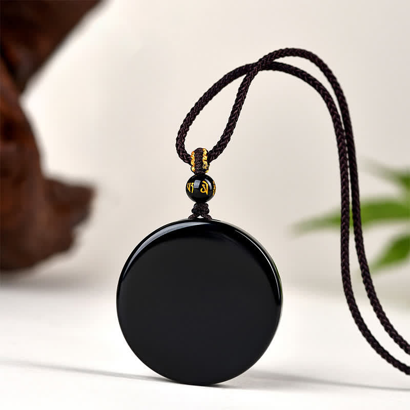 Buddha Stones Black Obsidian Round Shape Protection Braided Rope Necklace - Approx. 30mm - image 0