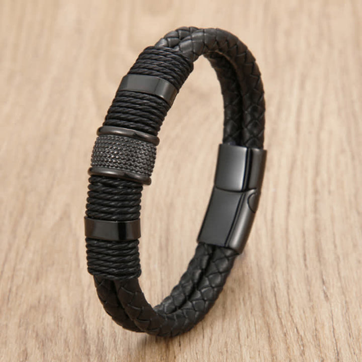 Buddha Stones Leather Hand-Woven Strength Double Layer Braided Bracelet - Black - 7.9–8.3 in (20–21 cm) - image 4