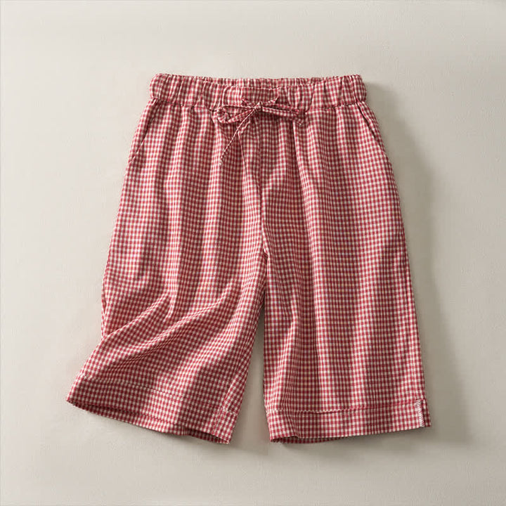 Buddha Stones Summer Vintage Drawstring Plaid Cotton Women's Shorts - Red - US14，UK/AU18，EU46 (3XL) - image 0