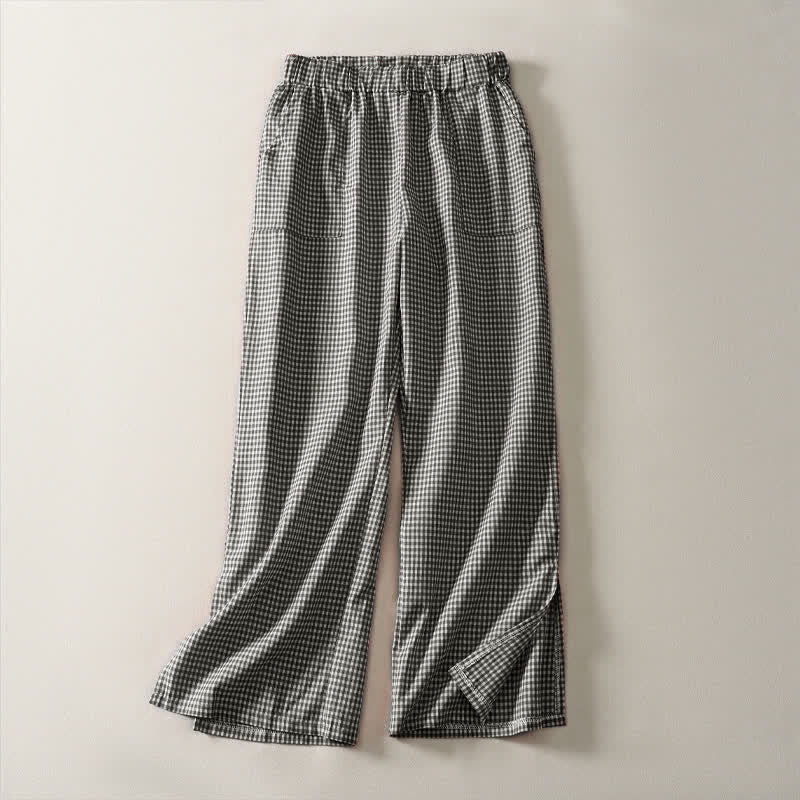 Buddha Stones Spring Summer Casual Vintage Drawstring Plaid Cotton Cropped Pants Women's Straight Leg Pants With Pockets - Black - US14，UK/AU18，EU46 (3XL) - image 7