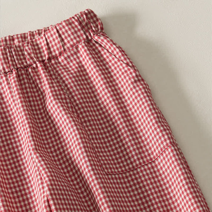 Buddha Stones Spring Summer Casual Vintage Drawstring Plaid Cotton Cropped Pants Women's Straight Leg Pants With Pockets - image 3