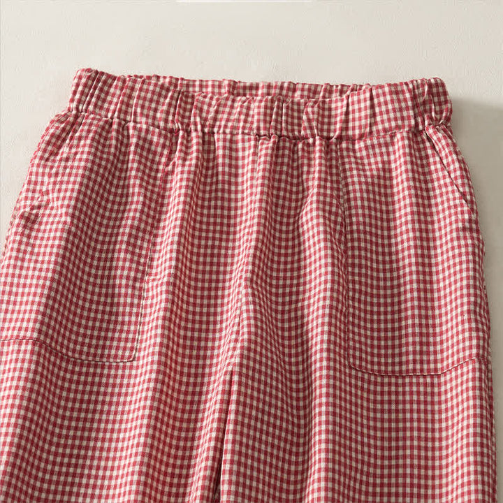 Buddha Stones Spring Summer Casual Vintage Drawstring Plaid Cotton Cropped Pants Women's Straight Leg Pants With Pockets - image 2