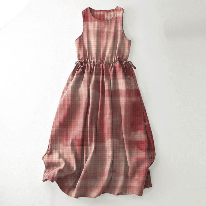 Buddha Stones Summer Vintage Drawstring Plaid Cotton Women's Summer Sleeveless Dress With Pockets - IndianRed - US16，UK/AU20，EU48 (3XL) - image 7