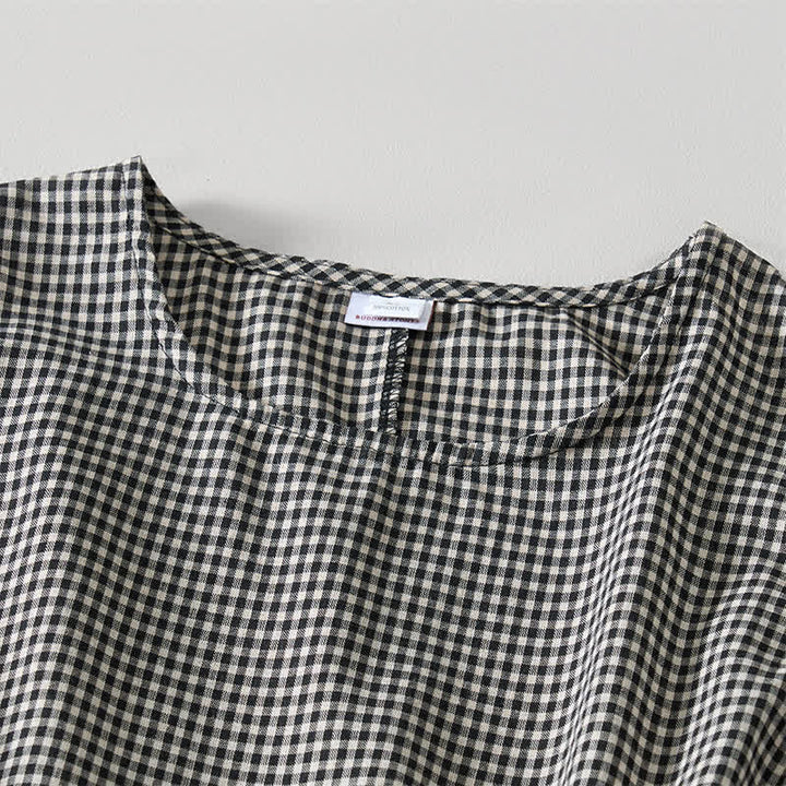 Buddha Stones Summer Vintage Drawstring Plaid Cotton Women's Summer Sleeveless Dress With Pockets - image 2