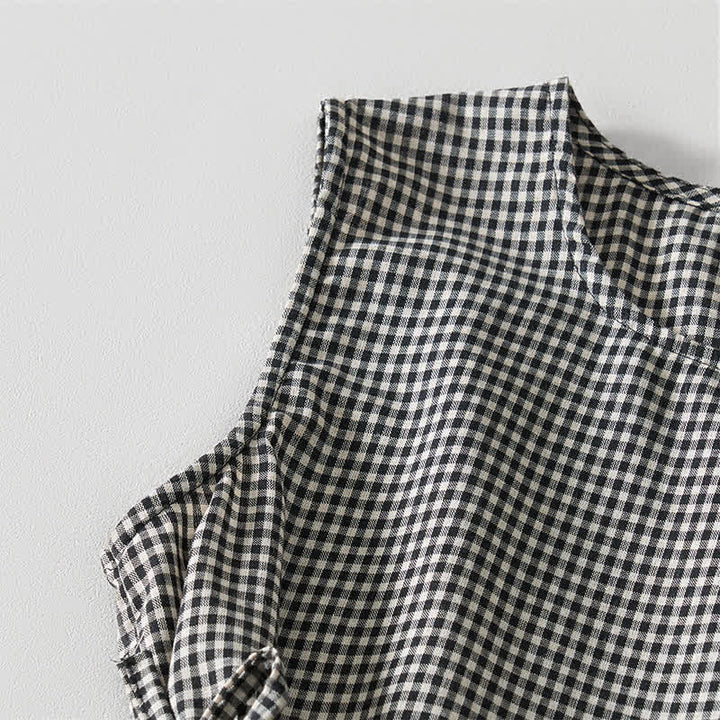 Buddha Stones Summer Vintage Drawstring Plaid Cotton Women's Summer Sleeveless Dress With Pockets - image 1