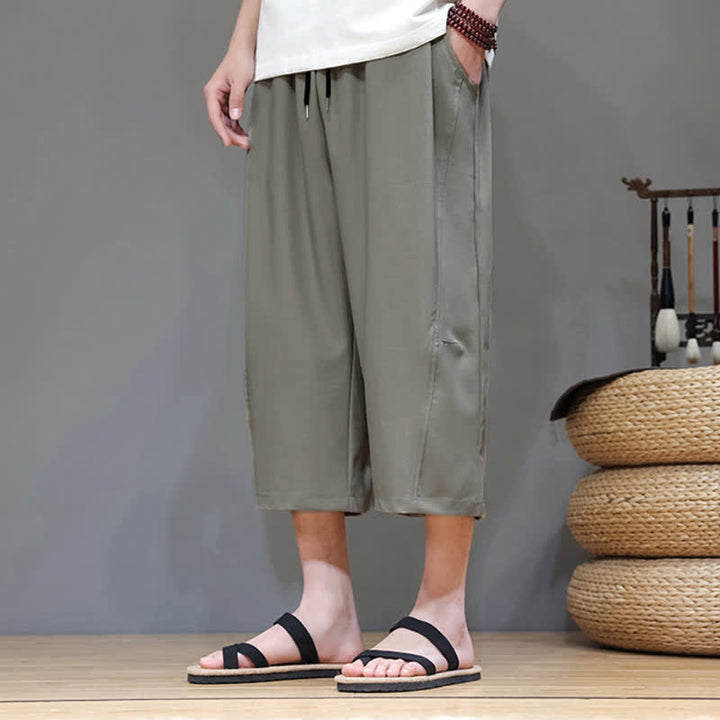 Buddha Stones Summer Casual Minimalist Drawstring Solid Men's Cropped Pants With Pocket - image 3