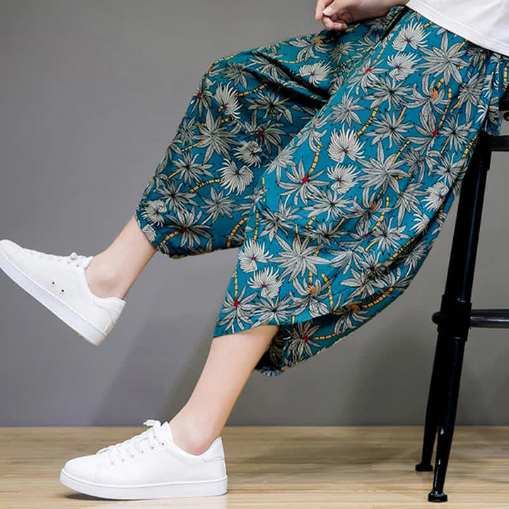 Buddha Stones Summer Boho Casual Drawstring Floral Capri Pants Men's Harem Pants With Pocket - image 19