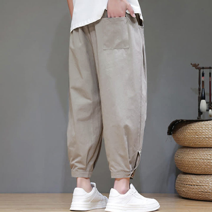 Buddha Stones Summer Casual Minimalist Drawstring Solid Men's Cropped Pants With Pocket - image 3