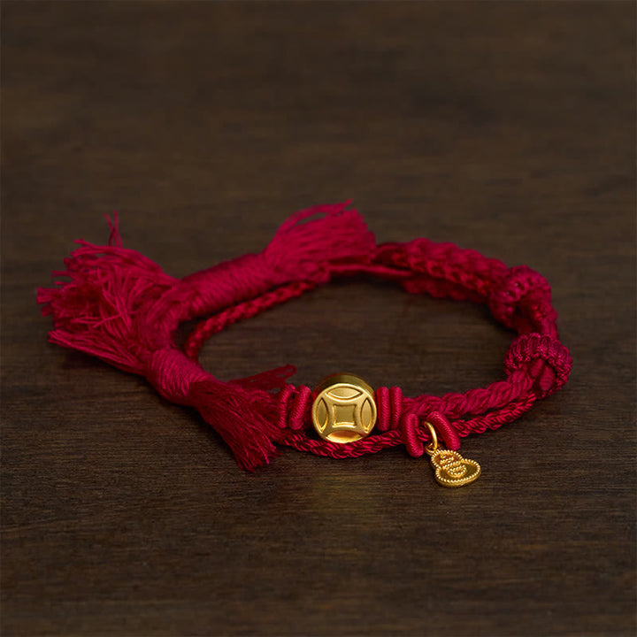 Buddha Stones Alloy Chinese Coin Gourd Pendant Wealth Double-Strand Red String Bracelet - wine red - image 0