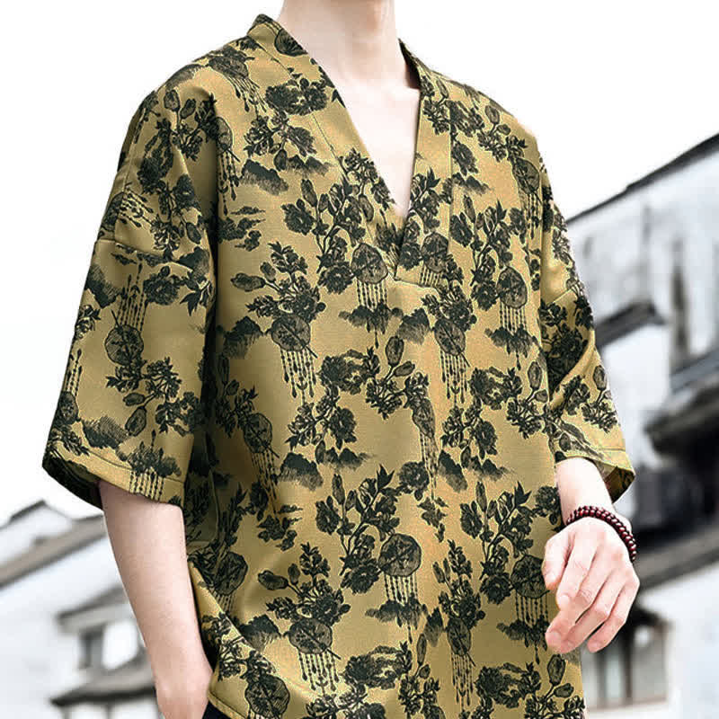 Buddha Stones Summer Casual Tang Style Floral V-Neck Men's Short Sleeve T-Shirts - image 17