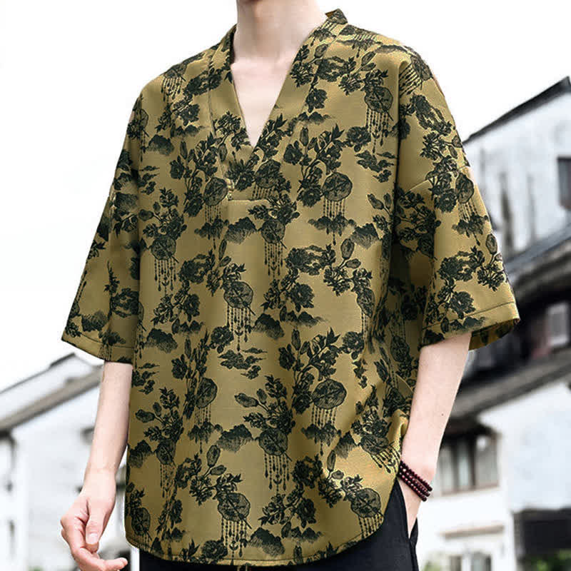 Buddha Stones Summer Casual Tang Style Floral V-Neck Men's Short Sleeve T-Shirts - image 14
