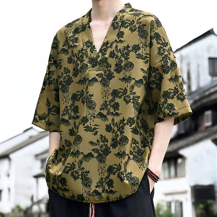 Buddha Stones Summer Casual Tang Style Floral V-Neck Men's Short Sleeve T-Shirts - image 13