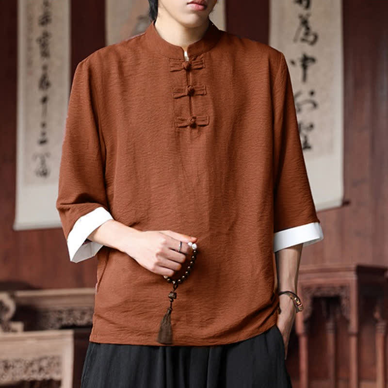 Buddha Stones Summer Tang Style Vintage Mandarin Collar Frog Button Solid Men's Elbow-Length Sleeve Shirts - image 20