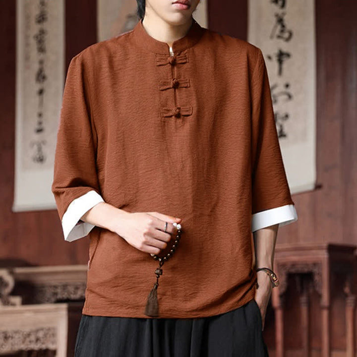 Buddha Stones Summer Tang Style Vintage Mandarin Collar Frog Button Solid Men's Elbow-Length Sleeve Shirts - image 20