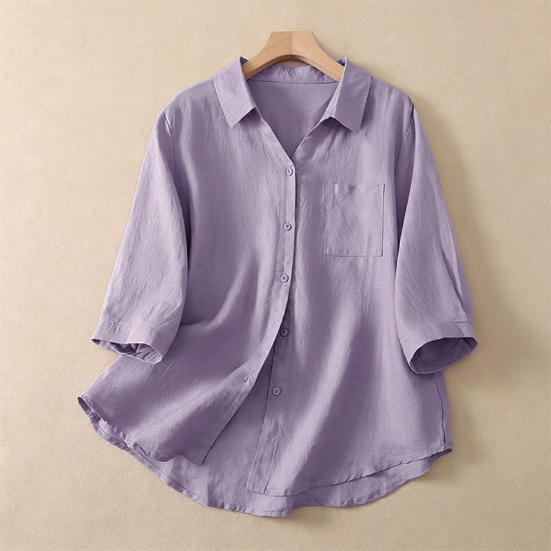 Buddha Stones Summer Casual Minimalist Button-Up Solid Women's Short Sleeve Shirts With Pocket - Plum - US8-10, UK/AU12-14, EU40-42 (2XL) - image 0