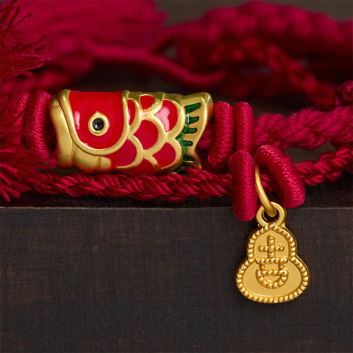 Buddha Stones Alloy Koi Fish Gourd Pendant Success Retro Double-Strand String Bracelet - wine red - image 0