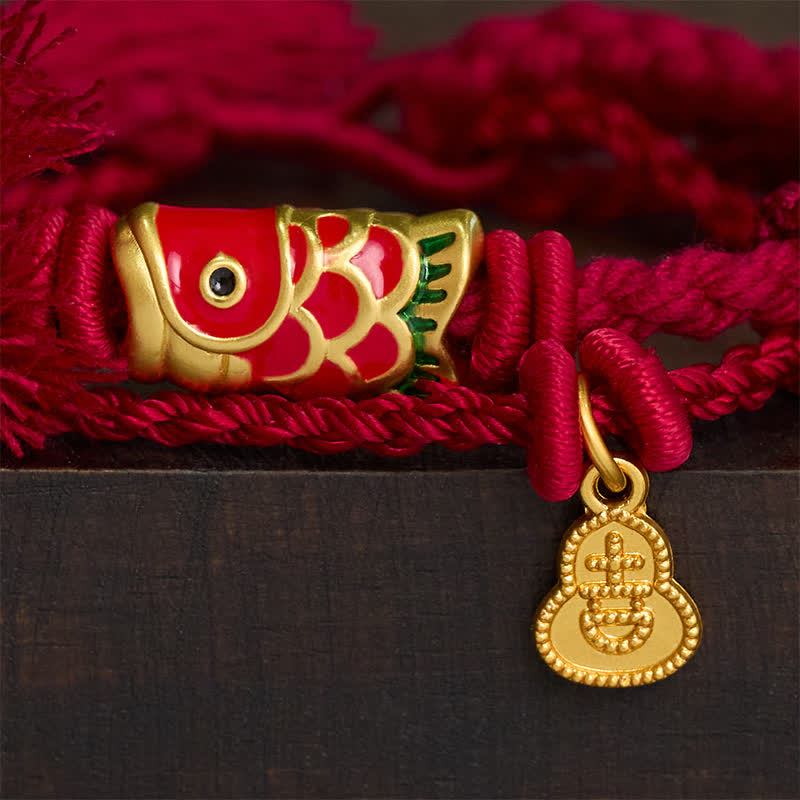 Buddha Stones Alloy Koi Fish Gourd Pendant Success Retro Double-Strand String Bracelet - image 3