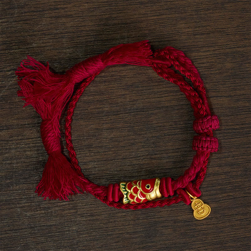 Buddha Stones Alloy Koi Fish Gourd Pendant Success Retro Double-Strand String Bracelet - image 1