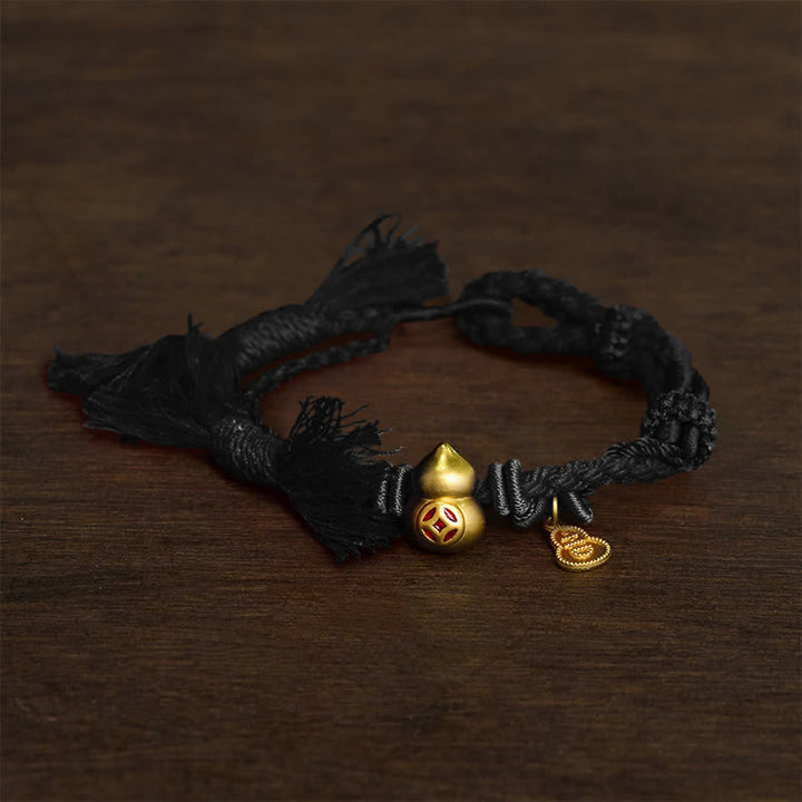 Buddha Stones Alloy Gourd Shaped Chinese Coin Gourd Pendant Wealth Double-Strand Red String Bracelet - black - image 5