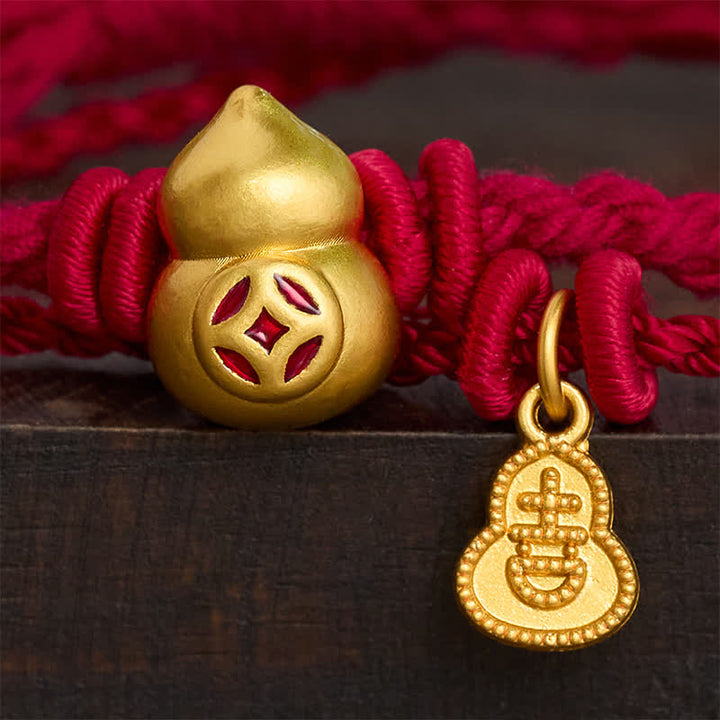 Buddha Stones Alloy Gourd Shaped Chinese Coin Gourd Pendant Wealth Double-Strand Red String Bracelet - image 3