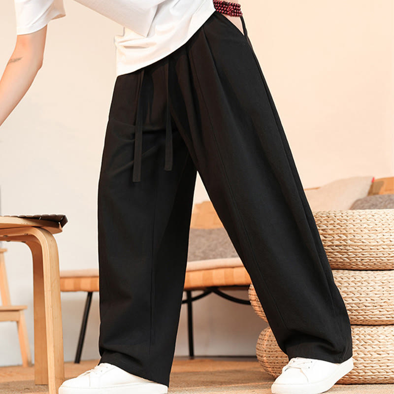 Buddha Stones Summer Casual Minimalist Drawstring Solid Cotton Ankle Pants Men's Straight Leg Pants With Pocket - image 5