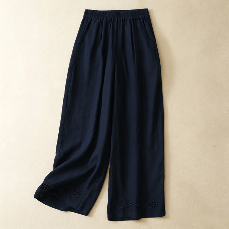 Buddha Stones Summer Casual Hollow Embroidery Hem Solid Ankle Pants Women's Harem Pants With Pocket - Navy - US8-10, UK/AU12-14, EU40-42 (2XL) - image 3
