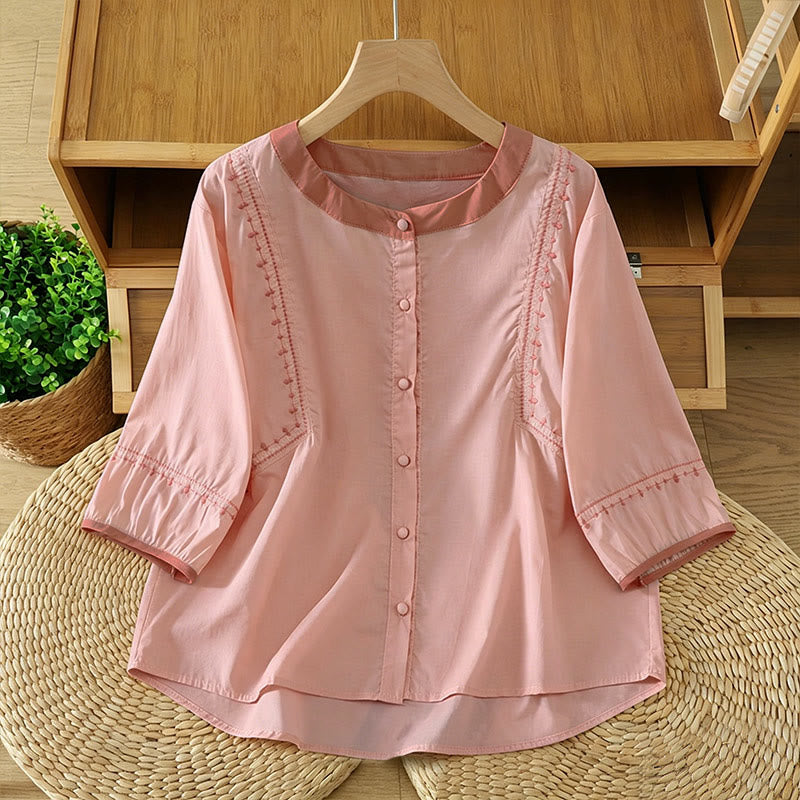 Buddha Stones Summer Casual Vintage Button-up Solid Decorative Seam  Women's Short Sleeve Shirts - LightPink - US8-10, UK/AU12-14, EU40-42 (2XL) - image 0