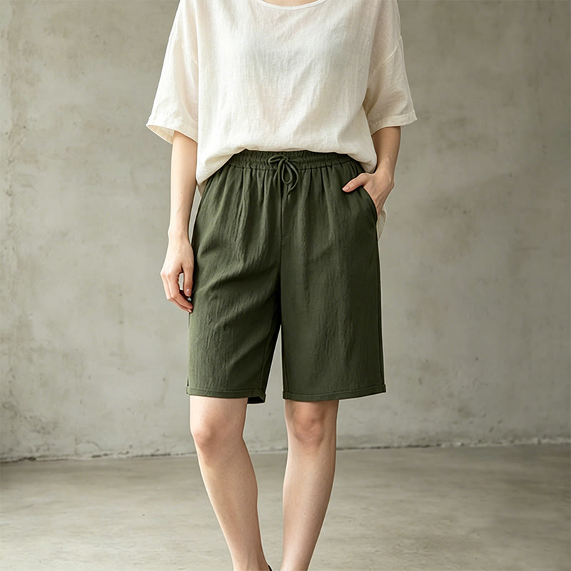 Buddha Stones Summer Casual Drawstring Solid Bermuda Shorts Women's Straight Leg Pants With Pockets - image 9