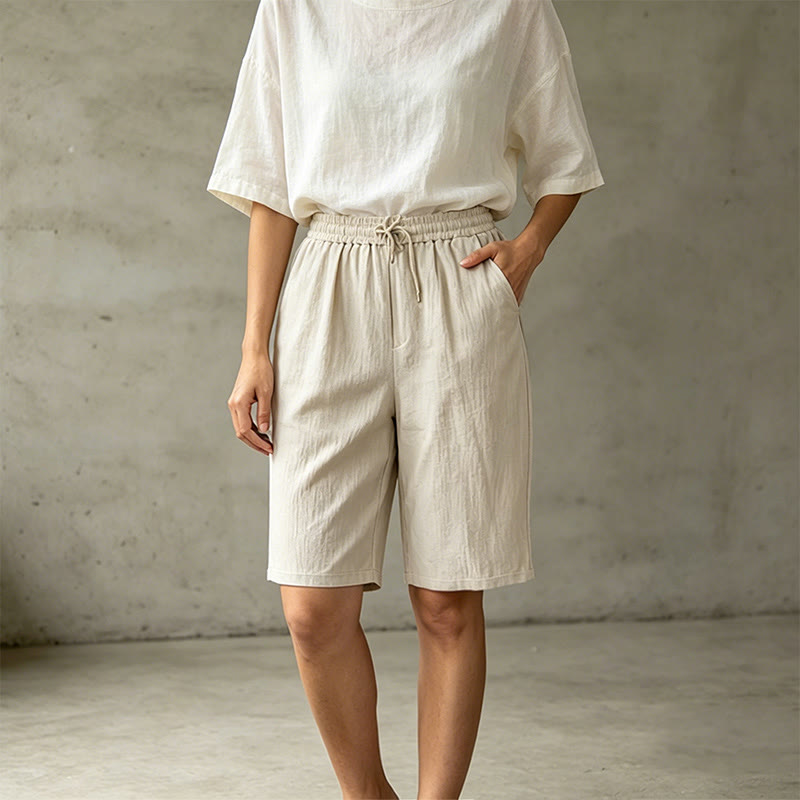Buddha Stones Summer Casual Drawstring Solid Bermuda Shorts Women's Straight Leg Pants With Pockets - image 2