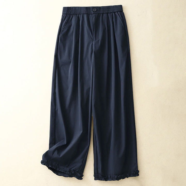 Buddha Stones Summer Casual Elegant Button-Up Solid Zipper Design Ruffles Hem Cropped Pants Women's Harem Pants With Pocket - MidnightBlue - US8-10, UK/AU12-14, EU40-42 (2XL) - image 14