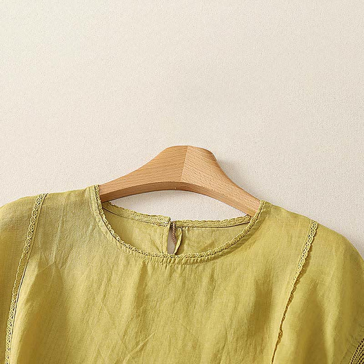Buddha Stones Summer Casual Simple Drawstring Elastic Hem Solid Ramie Women's Short Sleeve T-Shirts - image 10