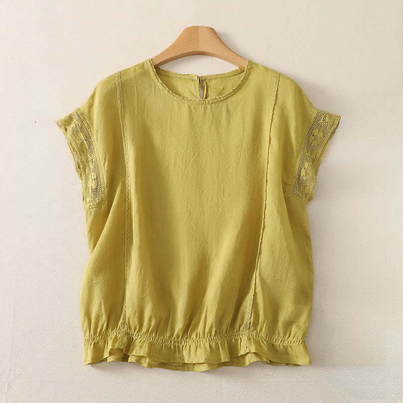 Buddha Stones Summer Casual Simple Drawstring Elastic Hem Solid Ramie Women's Short Sleeve T-Shirts - PaleGoldenrod - US12, UK/AU16, EU44 (3XL) - image 9