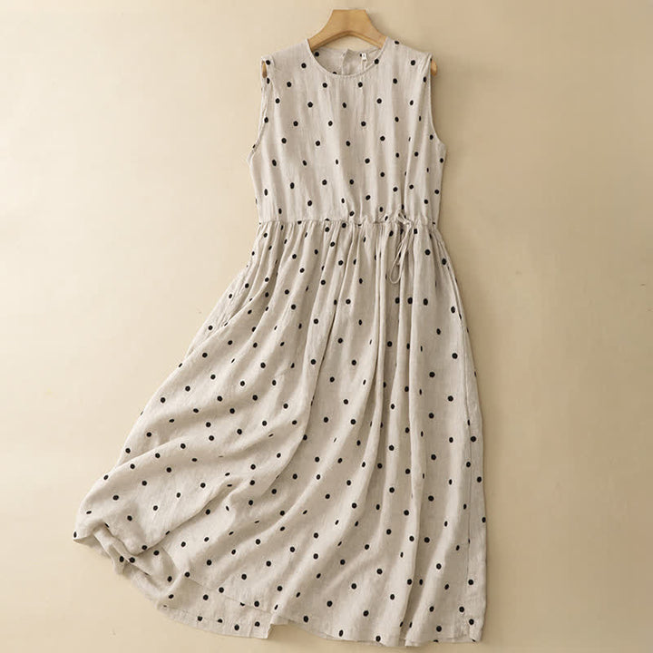 Buddha Stones Summer Casual Vintage Drawstring Polka Dot Crew Neck Women's Summer Sleeveless Dress With Pocket - White - US8-10, UK/AU12-14, EU40-42 (2XL) - image 0