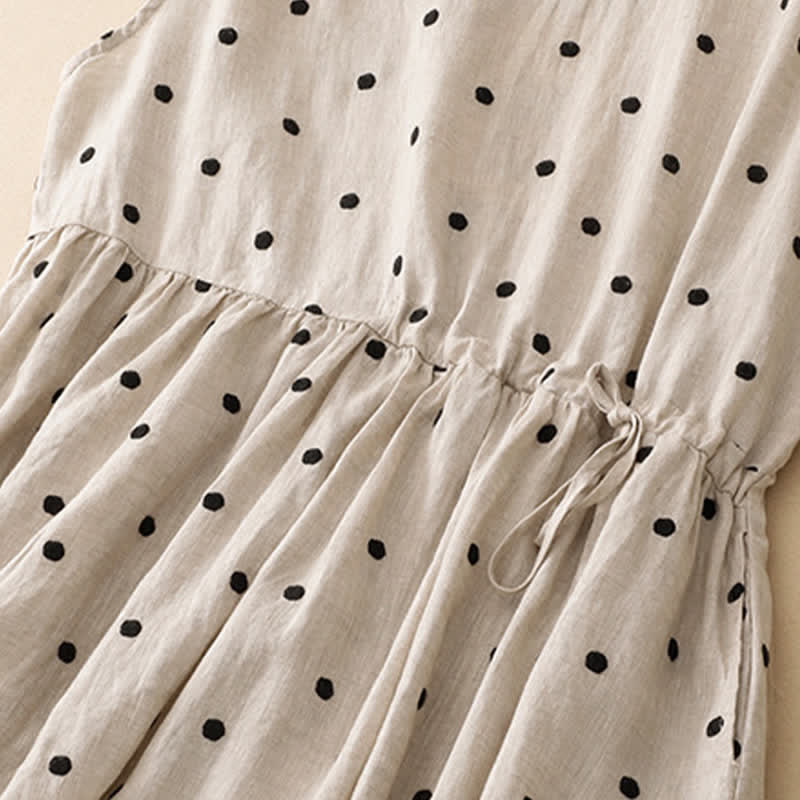 Buddha Stones Summer Casual Vintage Drawstring Polka Dot Crew Neck Women's Summer Sleeveless Dress With Pocket - image 3