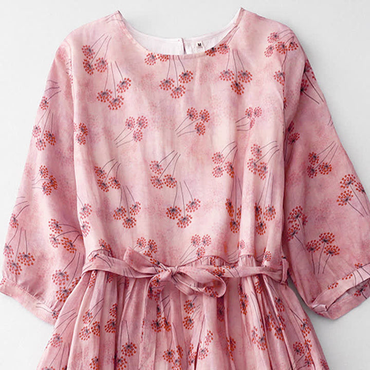 Buddha Stones Summer Casual Elegant Drawstring Floral Women's Elbow-Length Sleeve Dress With Pocket - image 2