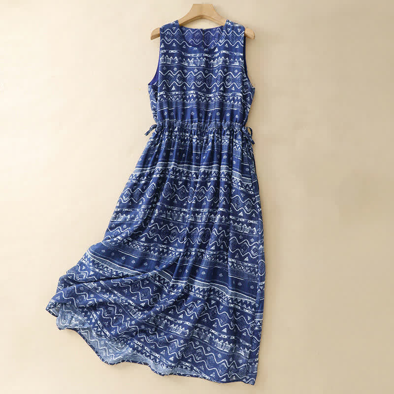 Buddha Stones Summer Boho Casual Blue wavy shape Geometric Women's Summer Sleeveless Dress With Pocket - DarkBlue - US12, UK/AU16, EU44 (2XL) - image 0