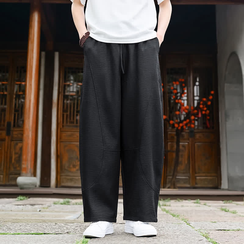 Buddha Stones Summer Casual Minimalist Drawstring Solid Ankle Pants Men's Straight Leg Pants With Pocket - Black - US/UK/AU46, EU56 (5XL) - image 7