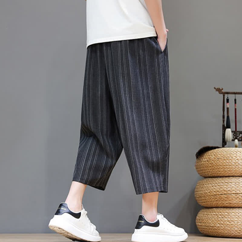 Buddha Stones Summer Casual Drawstring Striped Capri Pants Men's Harem Pants With Pocket - image 13