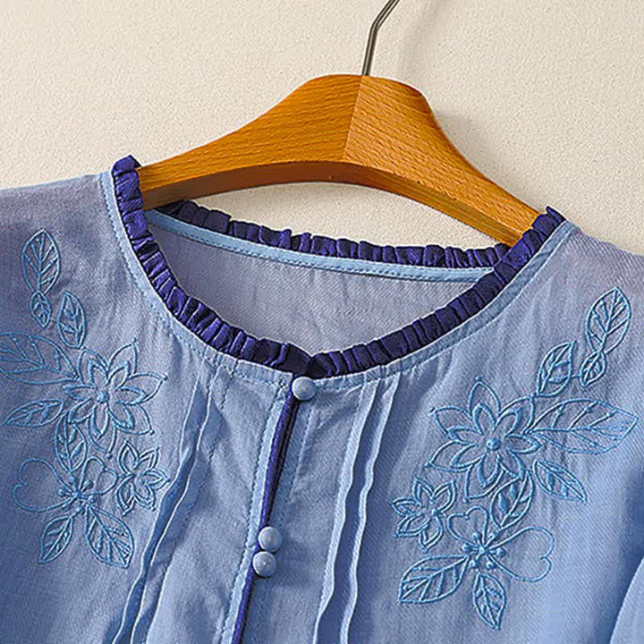 Buddha Stones Spring Summer Casual Elegant Embroidery Floral Leaves Button-Up Women's Long Sleeve Shirts - image 14