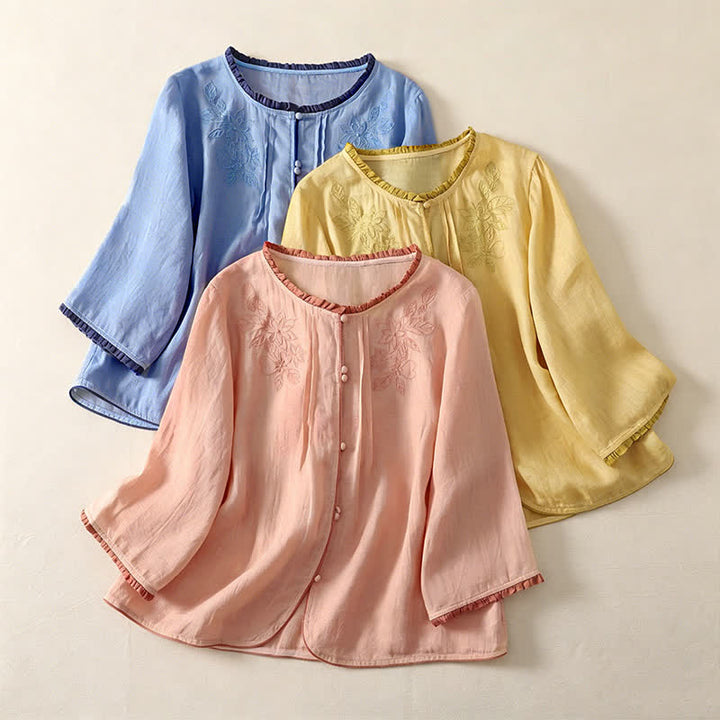 Buddha Stones Spring Summer Casual Elegant Embroidery Floral Leaves Button-Up Women's Long Sleeve Shirts - image 18