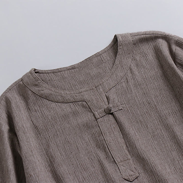Buddha Stones Summer Tang Style Casual Pankou Crew Neck Solid Men's Short Sleeve Shirts - image 2