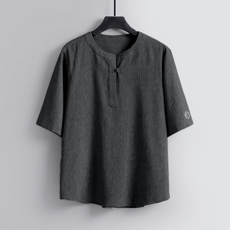 Buddha Stones Summer Tang Style Casual Pankou Crew Neck Solid Men's Short Sleeve Shirts - LightSlateGray - US/UK/AU54，EU64 (9XL) - image 8