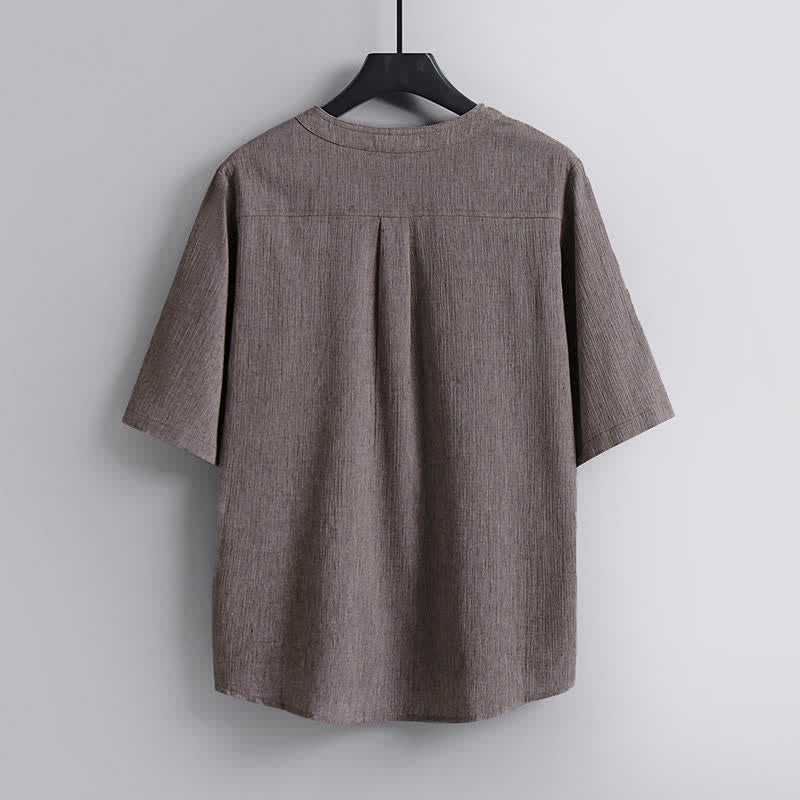 Buddha Stones Summer Tang Style Casual Pankou Crew Neck Solid Men's Short Sleeve Shirts - image 1
