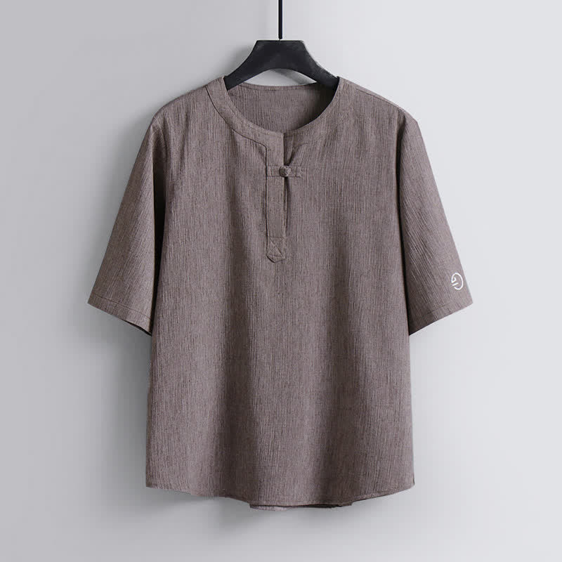 Buddha Stones Summer Tang Style Casual Pankou Crew Neck Solid Men's Short Sleeve Shirts - Tan - US/UK/AU54，EU64 (9XL) - image 0