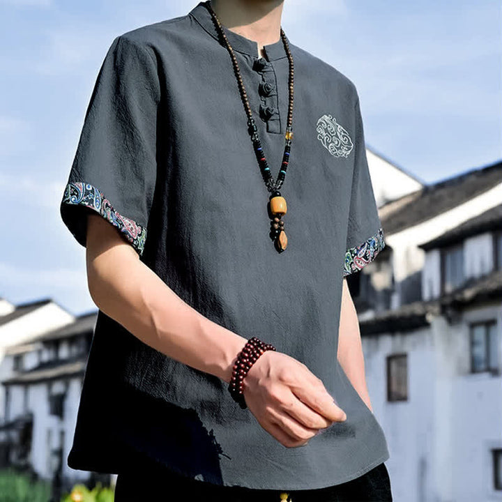 Buddha Stones Summer Tang Style Casual Frog Button Embroidery Men's Short Sleeve Shirts - image 6